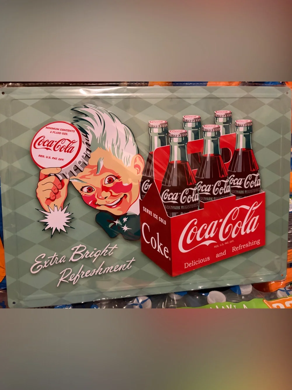 17x12 Embossed Tin SignCoca Cola Retro Illustration Tin Sign - Red, Pink & Green